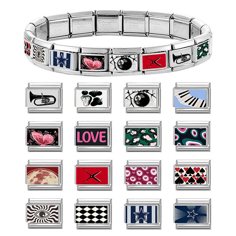 Y2K Love Strawberry Ball NO.8 Eye Butterfly Star Black Italian Charm Links Fit 9mm Stainless Steel Bracelet DIY Making Jewelry