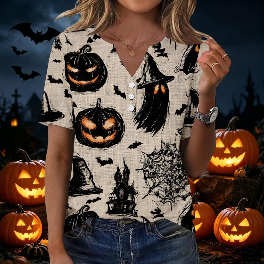 Women Casual Halloween Print V Neck Short Sleeve Button T Shirt Lightweight Soft Fabric Relaxed Fit Top for Everyday Wear