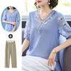 Mom's Summer Short Sleeved T-shirt Middle-aged Women's Ice Silk Top Middle-aged and Elderly Knitted Sweater