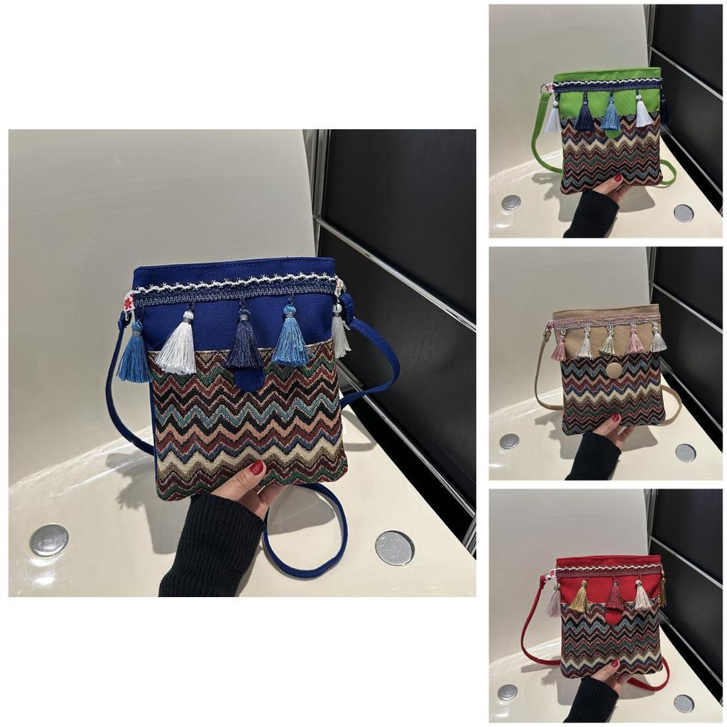Ethnic Style Canvas Small Crossbody Bag With Wave Patterns And Decorative Tassels For Casual Outings