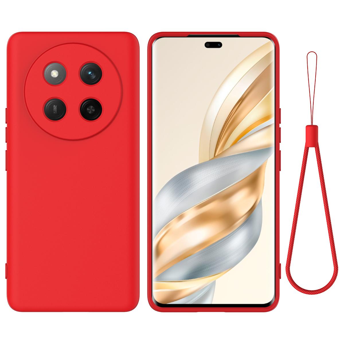 

For Honor X60 Pro 5G Case Liquid Silicone Phone Back Cover with Hand Strap Red