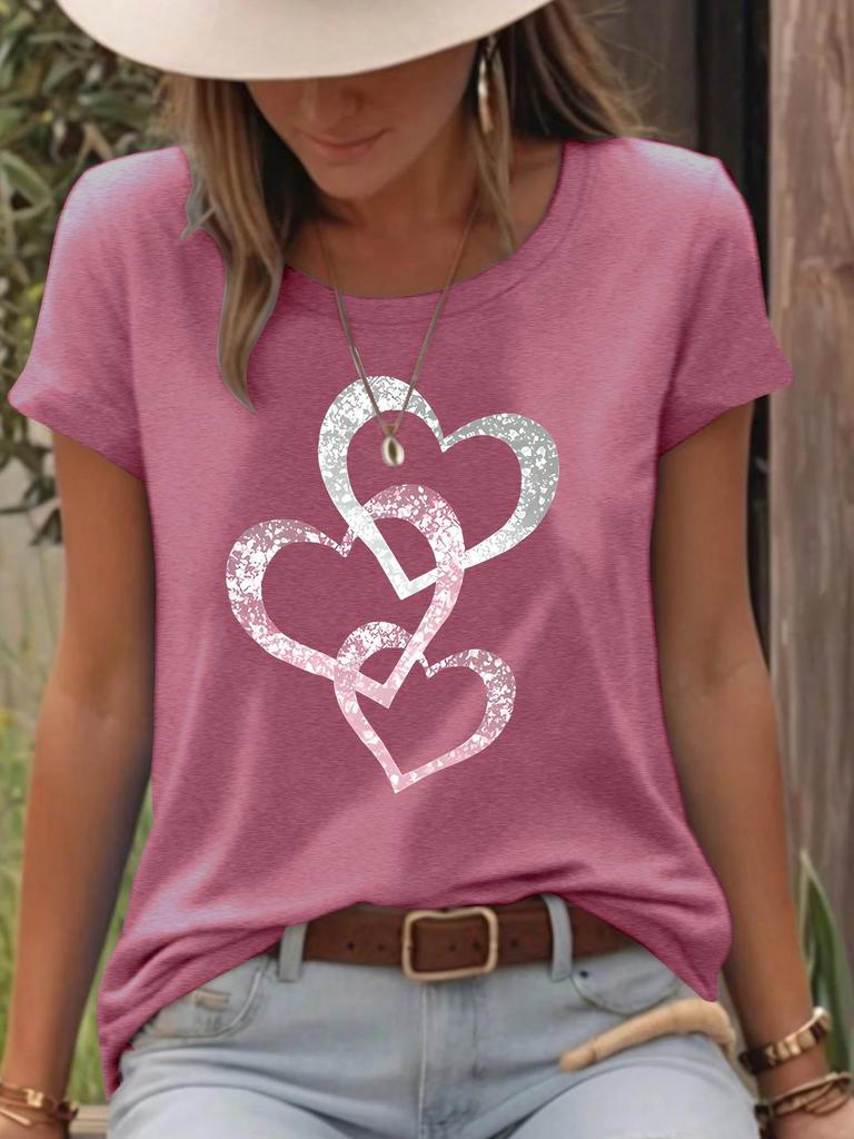 Heart Print Round Neck Short Sleeve Summer T-shirt - European & American Style