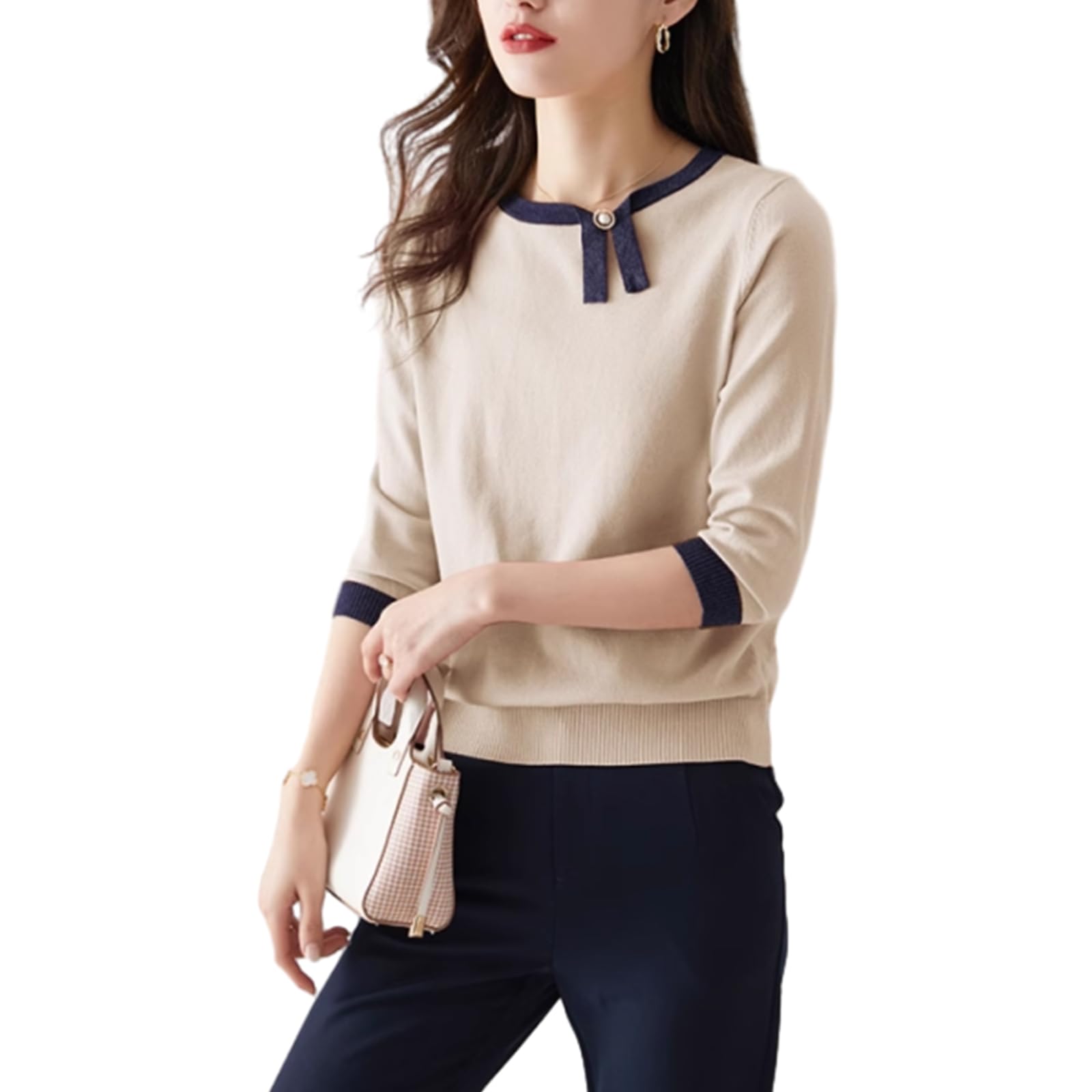 

Вязаный свитер с вырезом для команды ледопада [ORWZDCO] женский, топ, горловина, рукава 3/4, шелк, двухцветный, контрастный, стройнящий, милый, повседневный, офисный, для поездок, абрикосовый