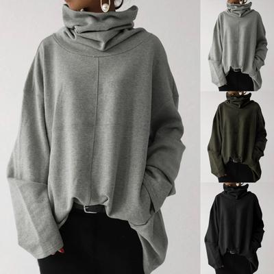Solid Color Side Pocket Pullover Blouse Plush Lining Long Sleeve Turtleneck Women Sweatshirt Traksuit