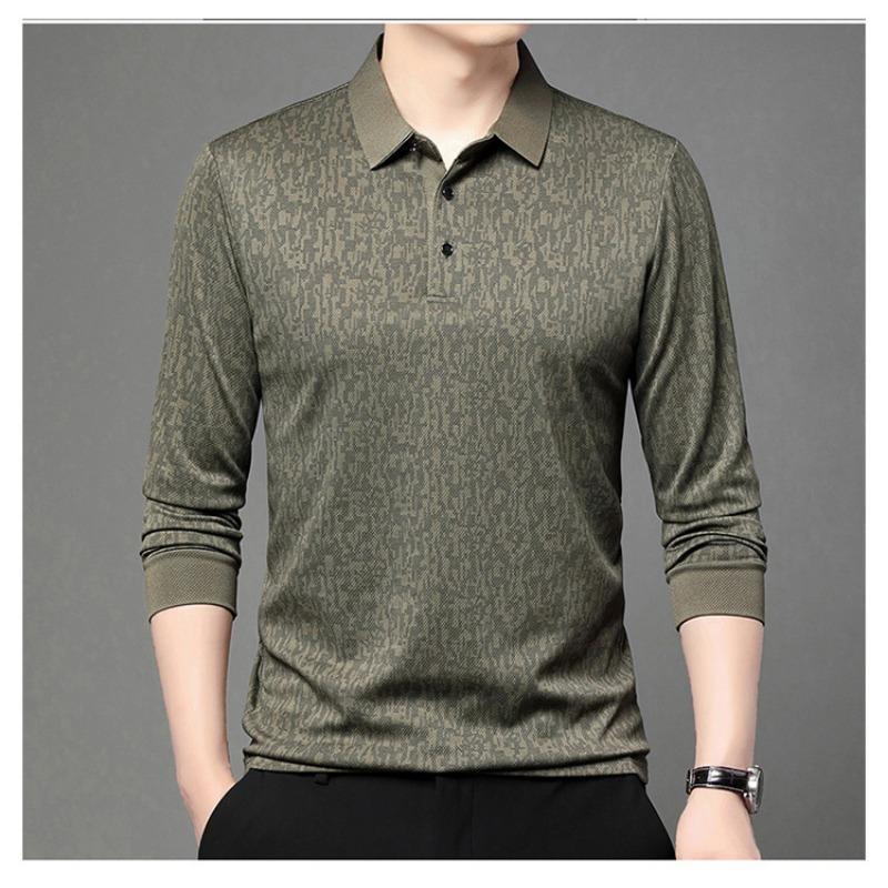 Mens Long Sleeve Jacquard Polo Shirt Business Casual Spring Autumn Top
