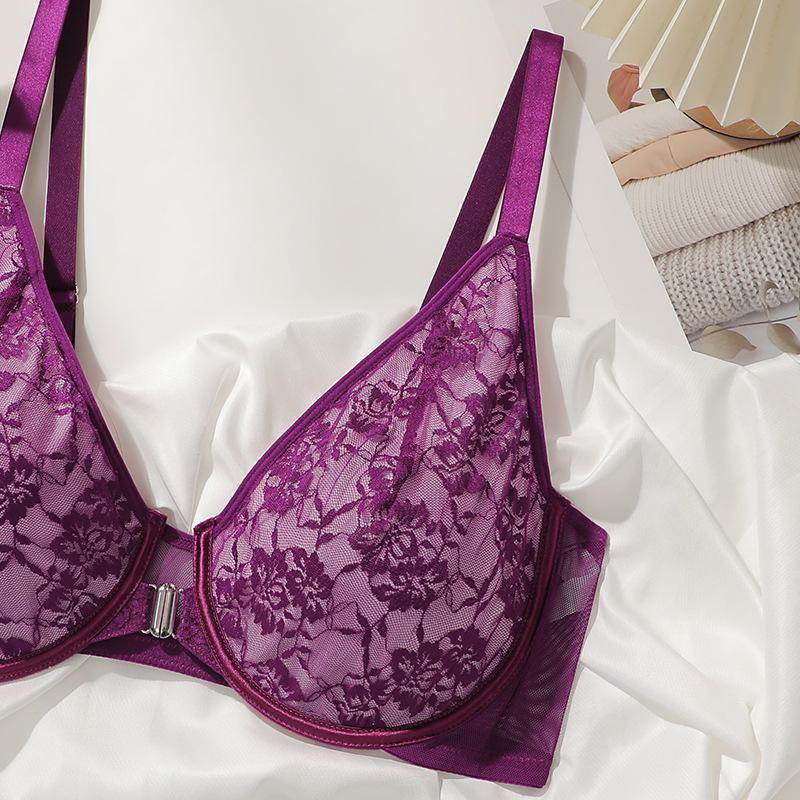 Plus-size undertøy med frontåpning for kvinner med store bryster, liten pustende blonder BH med stor cup