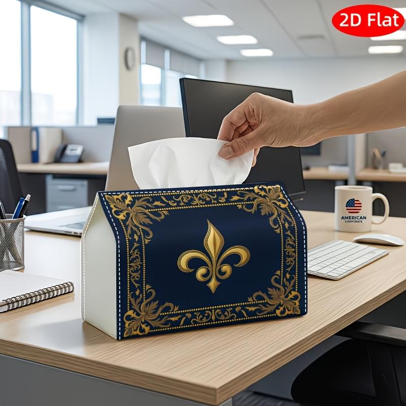 2D Flat, 1pc Tissue Box, Printed on Both Sides, Tissue Box Holder with Baroque Royal Elegant Design Golden Fleur De Lis Navy Blue, Durable Polyester,