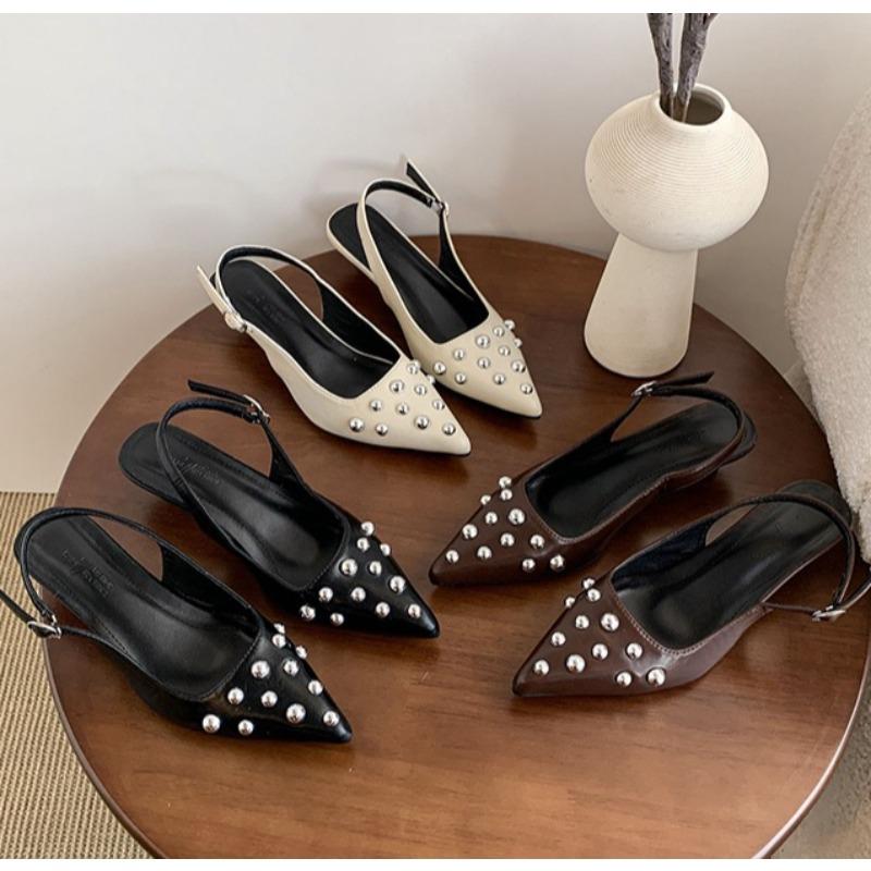 2025 Women's High Heels Pointed Toe Cover Toe Side Cutout Women Heels Solid Studs Thin Heels Leisure Dress Sandalias De Mujer