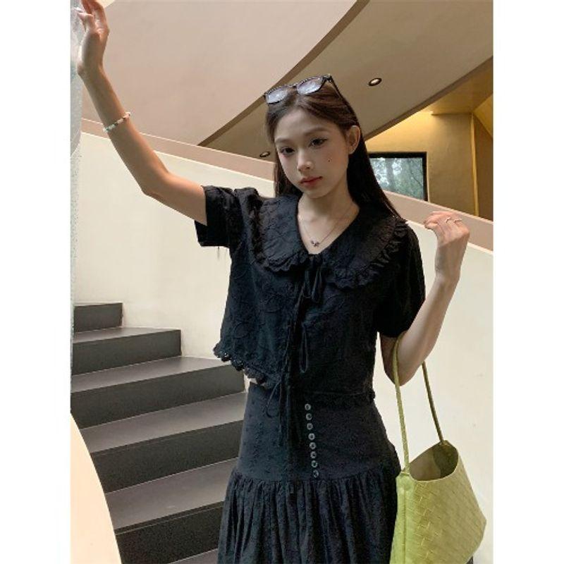 Stylish Lace Embroider Puff Sleeve Shirt Black Suit Women's Autumn Skirt Long Skirt Large Swing Skirt Two-piece Set