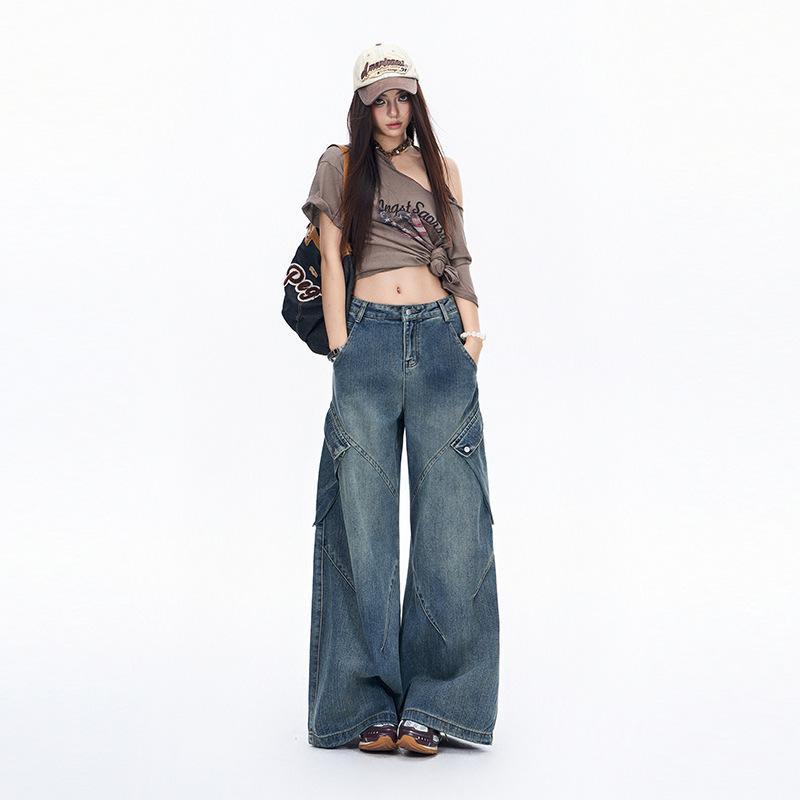 American retro tooling jeans women's autumn new design sense niche loose high waist thin wide leg pants