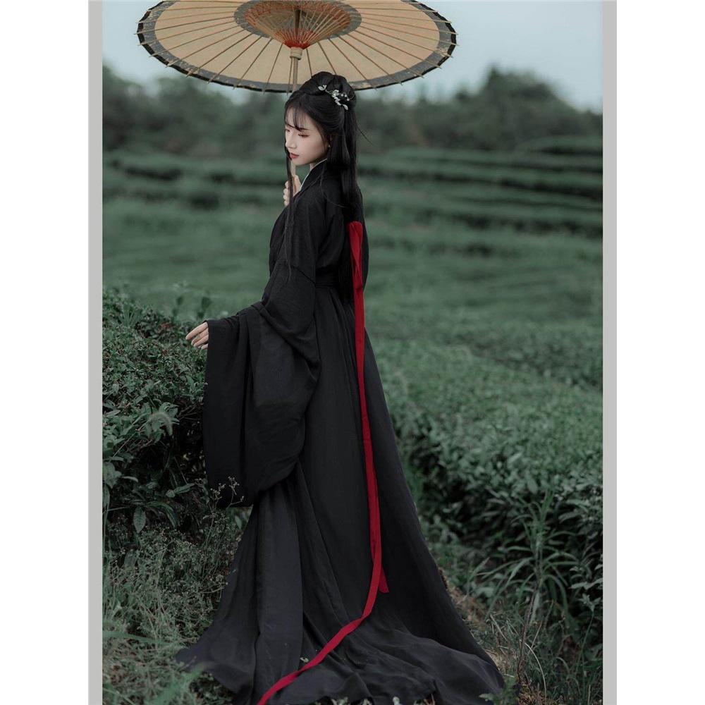Elegant Chinese Traditional Hanfu Set, Flowing Wide Sleeve Robe with Trailing Straight Hem, Cold Style Fairy Photography Outfit