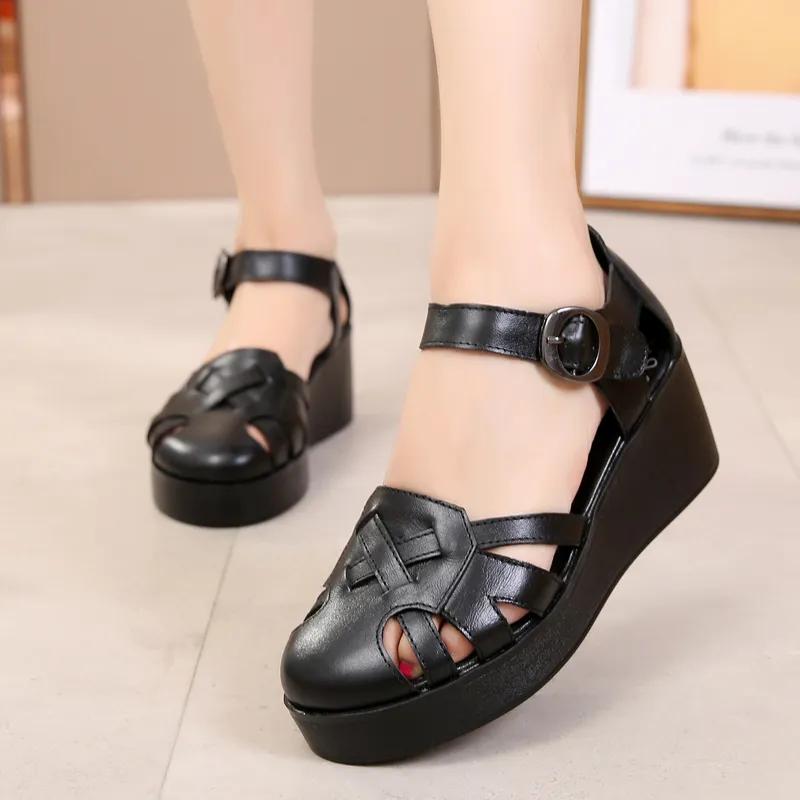 Fashion GKTINOO Summer Wedge Shoes for Women Sandals Genuine Leather Open Toe High Heel Casual Ladies Buckle Strap Fashion Female Sandal