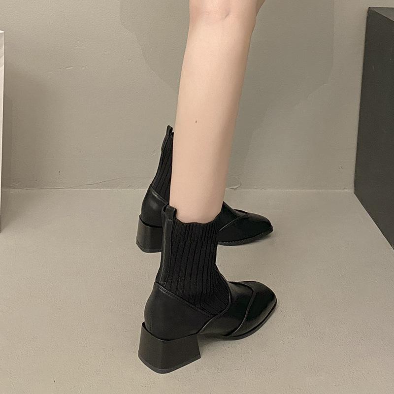 French Autumn and Winter Knitted Tube Thick Heel Short Boots Women's Medium Heel Thin Boots Brown Bare Boots Martin Boots Elastic Socks Boots