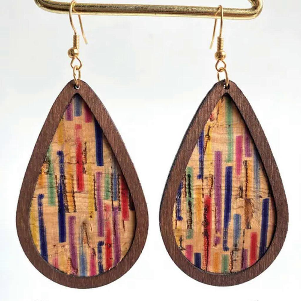 RSAMD Retro Vintage Print Cork Leather and Wood Teardrop Statement Women Earrings-#3