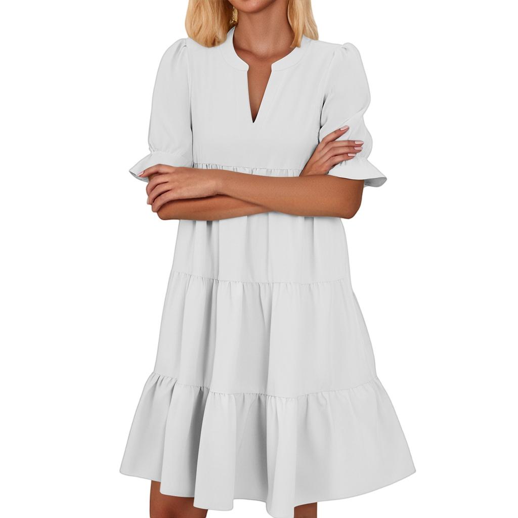 Women's Fashion Casual Slim Middle Sleeve V-Neck Ruffle Dresses