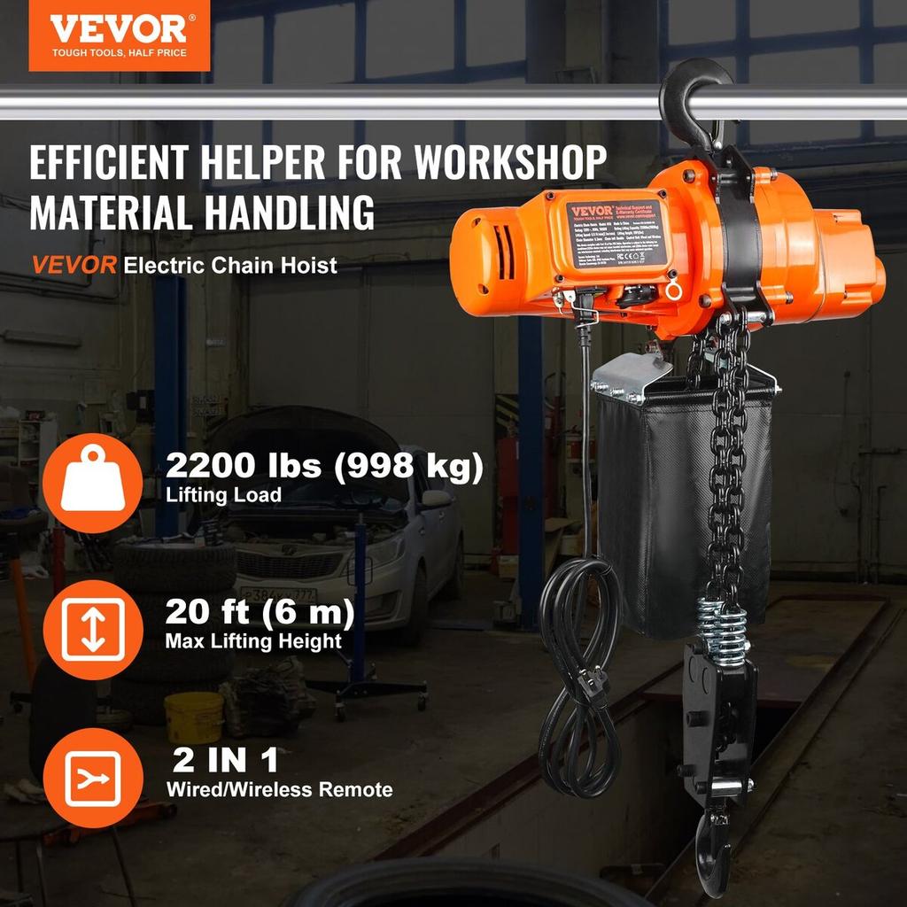 Electric Chain Hoist Single Phase Crane Hoist 2200 lbs Load 20 ft Lifting