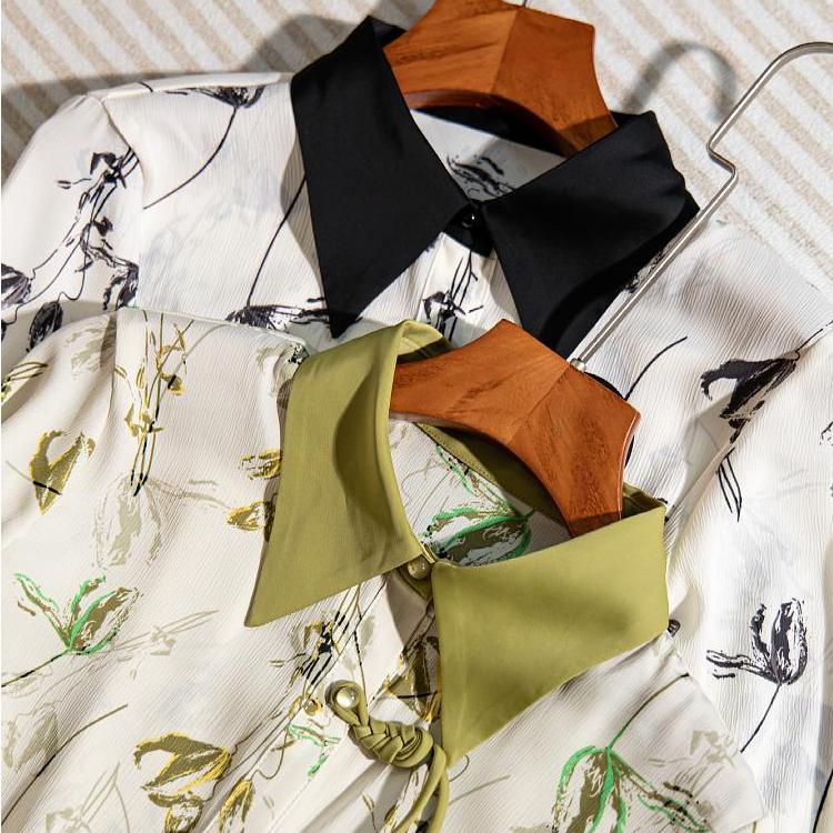 Vintage halenky Dámské tričko s potiskem s dlouhým rukávem 2023 jaro podzimní límec volné módní šifonové halenky