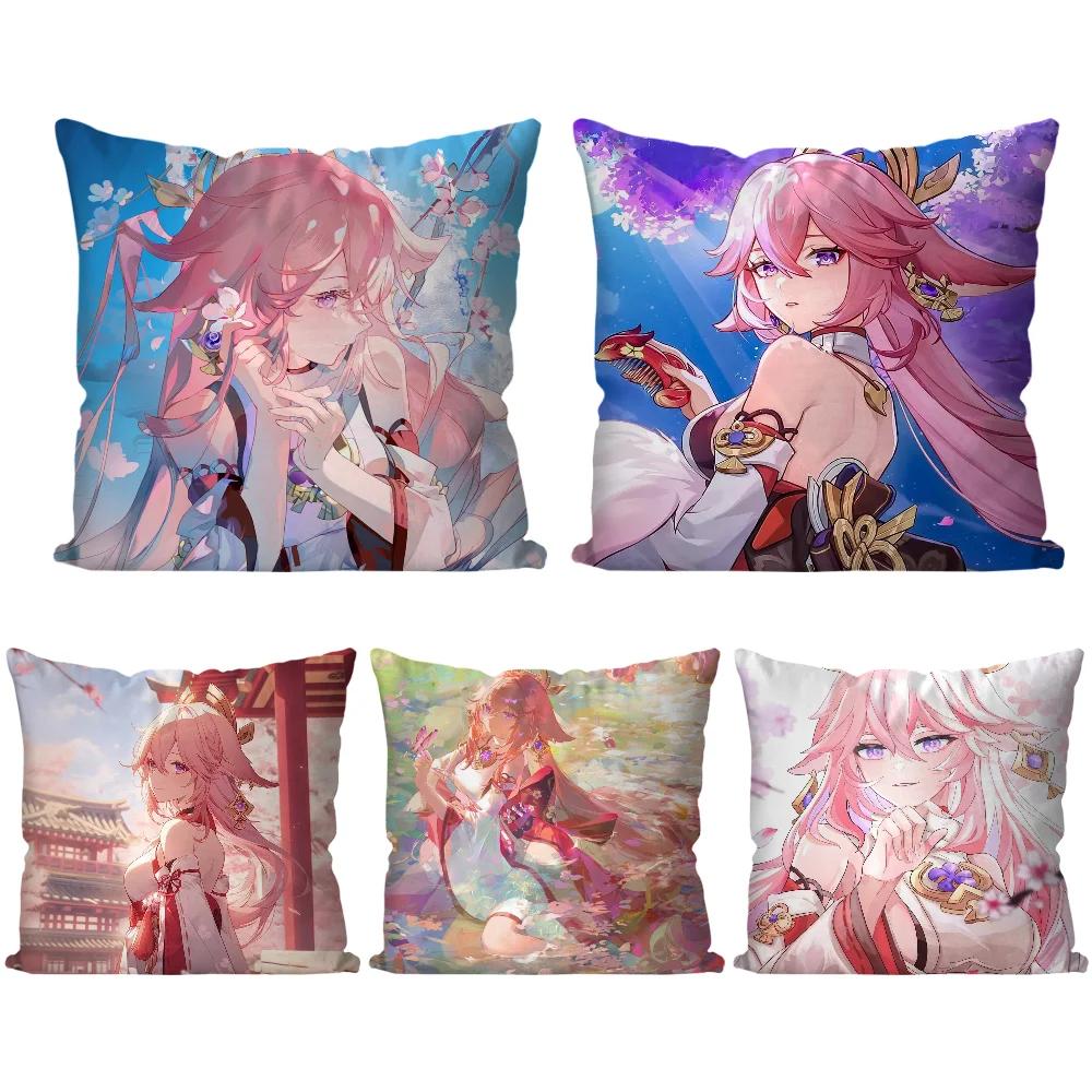 Yae Miko Animation Game G-Genshin I-Impact Pillow Case Square Pillow Bedroom Sofa Leisure Car Living Room Home Decoration 40X40