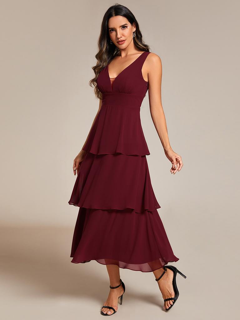 Ever-Pretty Damen Abendkleid mit Stufensaum, Midilänge, Hochzeitsgästekleid, V-Ausschnitt, ärmellos, A-Linie, Chiffon