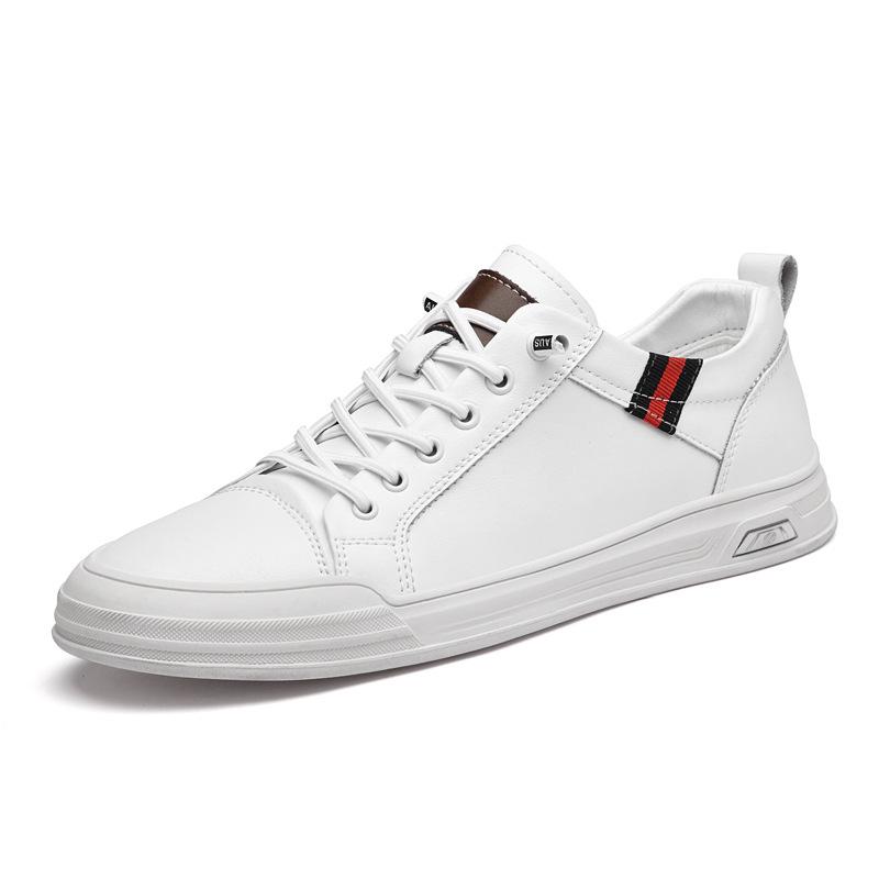 Men s Casual No-Tie Genuine Leather Perforated Board Shoes (Small Size) - White 40