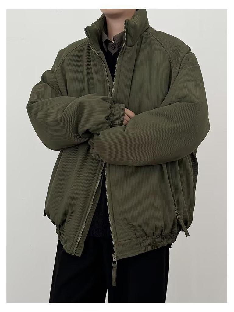 Men's Winter Maillard Stripe Cotton Jacket with Stand Collar - Japanese Neutral Style, Thick and Loose