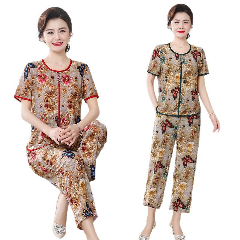 Mom's Summer Chic Short-Sleeve Top & Pants Set - Elegant Casual Two-Piece for Middle-aged and Elderly Women
