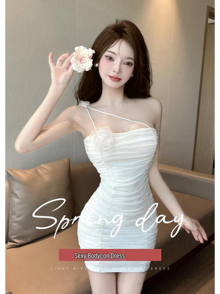 Elegant Off-Shoulder Mesh Camisole Dress for Petite Figures - High-End Bodycon Slip Dress