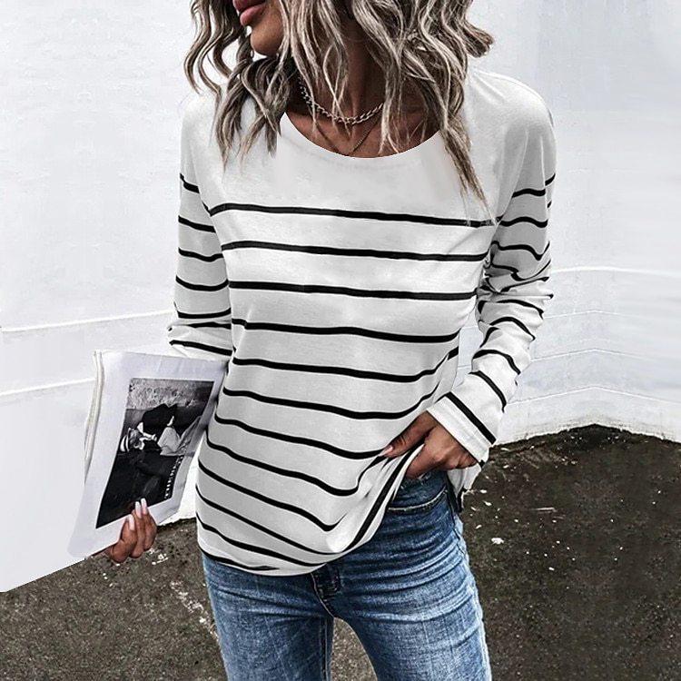 Spring and Autumn Round Neck 3D Stripe Printed Top Fashionable Casual Minimalist Long Sleeved Women's T-shirts