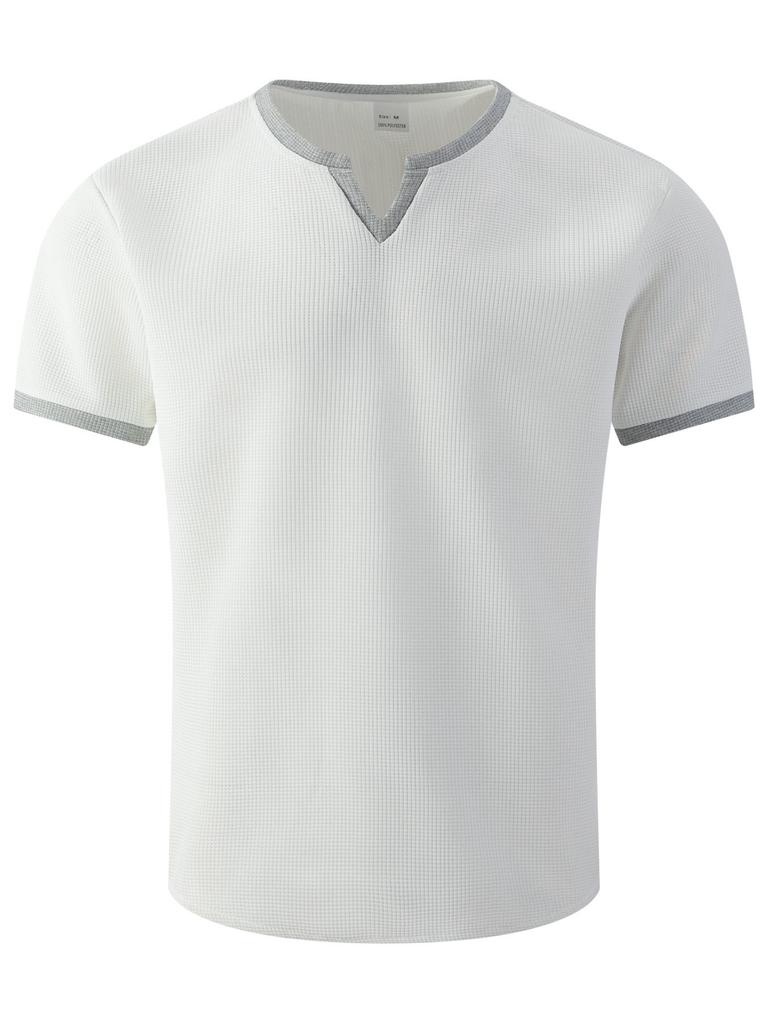 Mens Waffle Solid Color V Neck Short Sleeve Loose Casual T Shirt Mens Tops