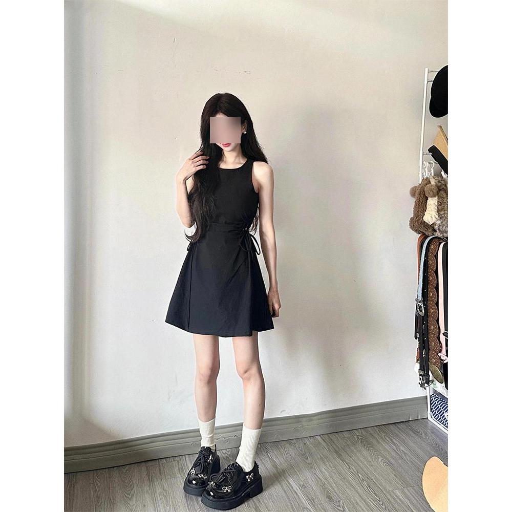 Salt Fried Street Sleeveless Vest Black Dress Casual Summer Lace-up Thin Milk Small A-word Short Skirt
