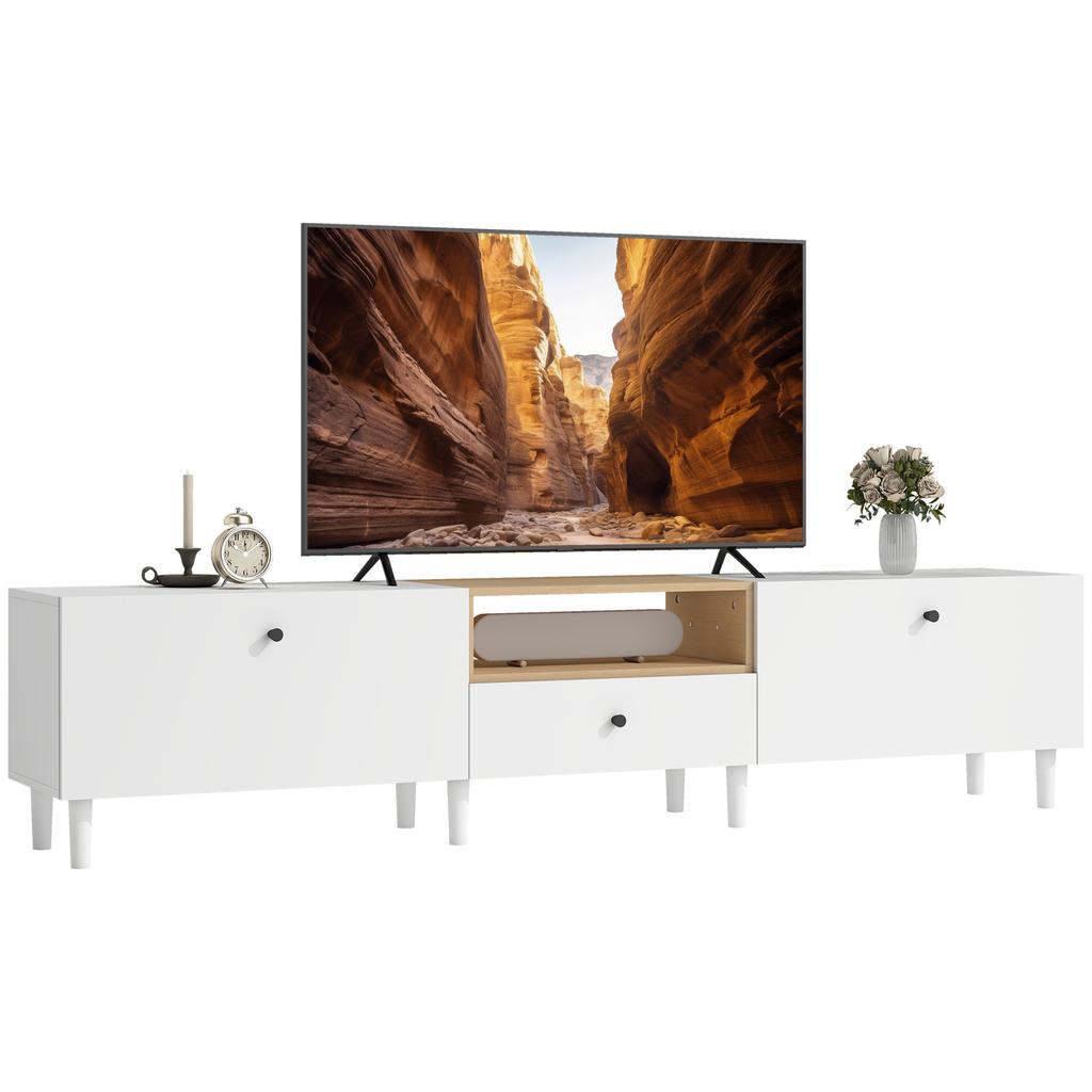 200 Cm TV Cabinet for TVs Up To 90 Inches, 2 Cabinet Compartments, Open Shelf, Drawer, 8 Legs, Chipboard, White