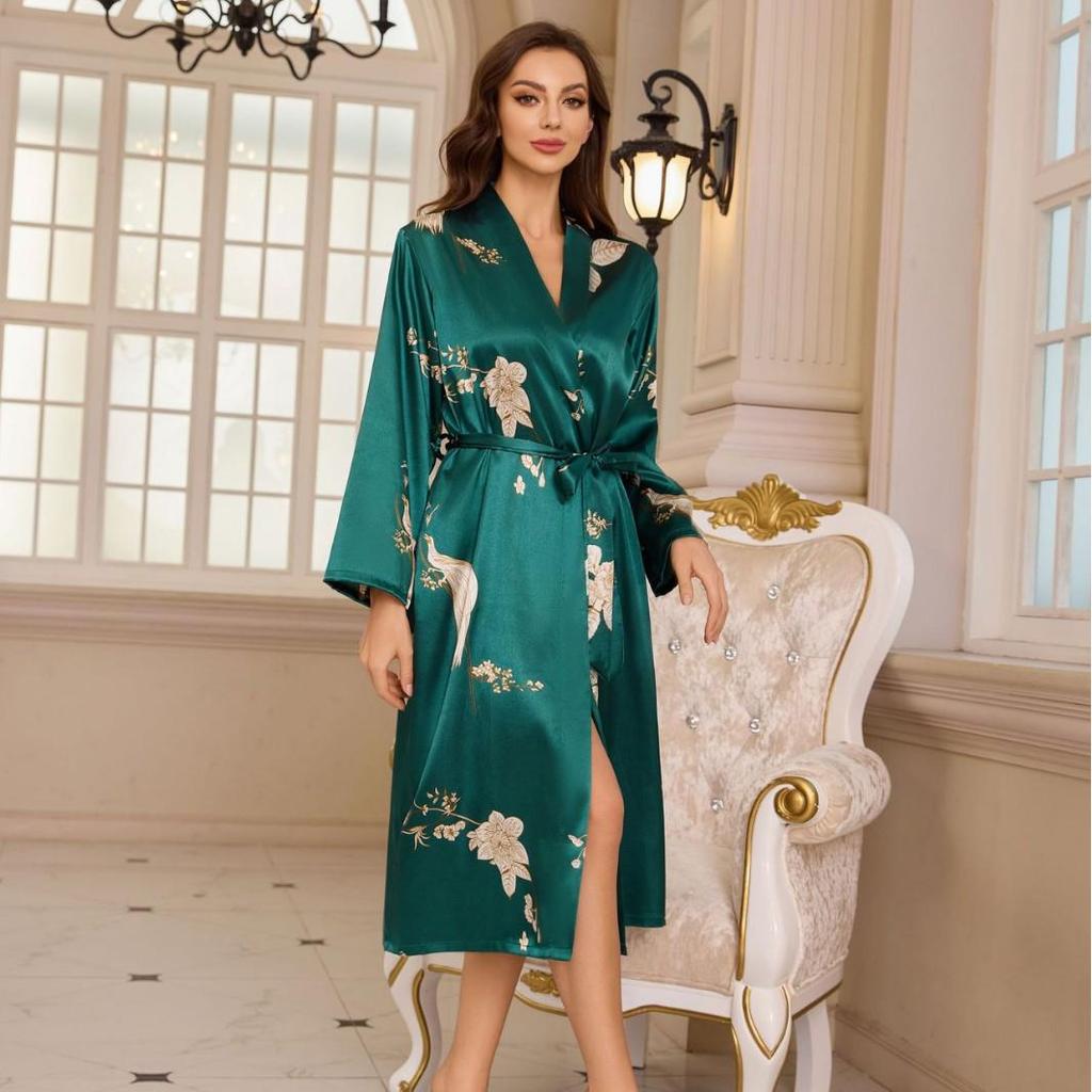 Pyjama pour femme en soie glacée - Peignoir de luxe avec ceinture, imprimé fin respirant, manches longues pour le printemps/l'été.