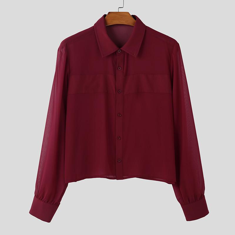 

INCERUN Men Lapel Long Sleeve Buttons Front Mesh Sheer Short Shirts Tops 3XL