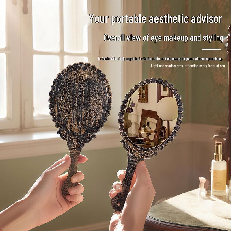 Portable Retro Makeup Mirror for Women - High-End Handheld Design, Ideal for Home or Travel
