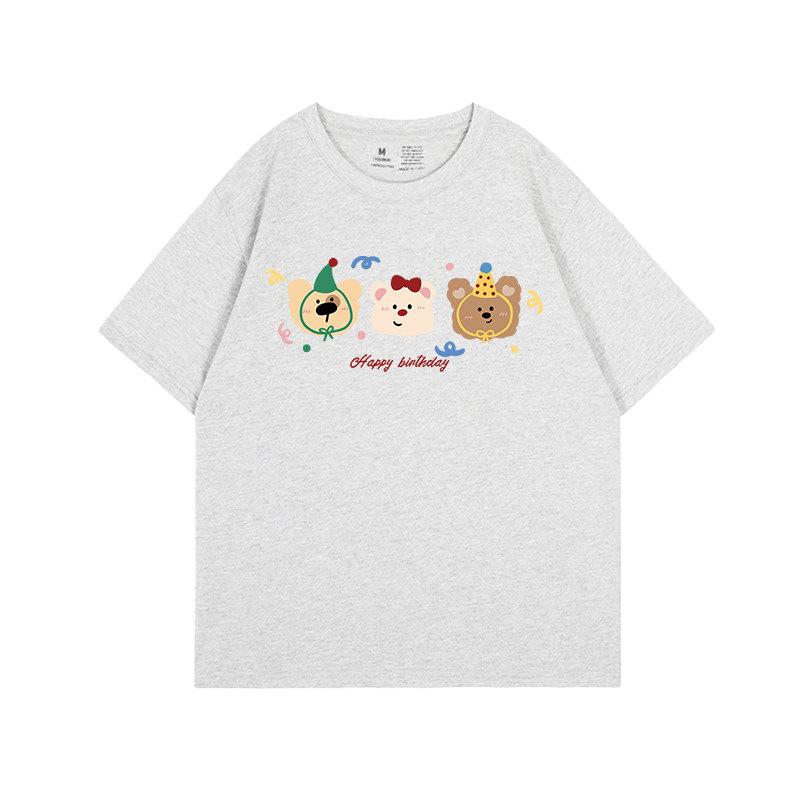 New Korean age-reducing bear print black short-sleeved t-shirt women's loose fat mm large size cotton top summer
