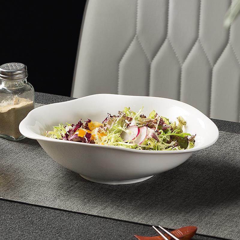 Pure White Irregular Soup Bowl Household Ceramic Salad Bowl Noodle Bowl Hotel High-End Cold Dish Soup Plate Artistic Conception Dish Tableware