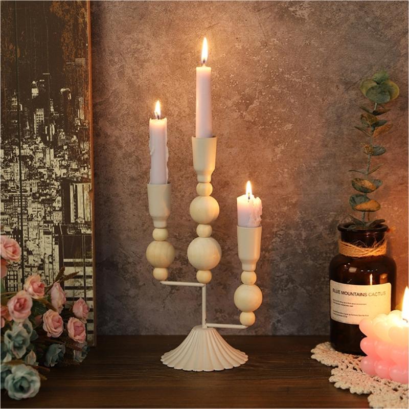 Wooden Beads Taper Candle Holder Metal Candlestick for Home Decors Weddings Party and Dining Table Centerpieces Display