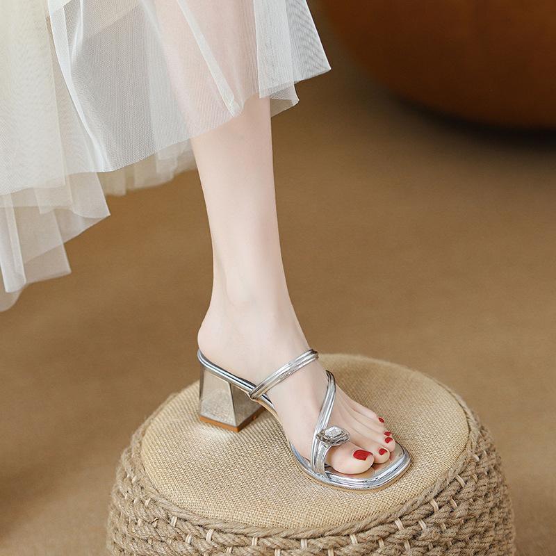 Rhinestone set of toe slippers for women to wear summer new versatile thick heel thin strap square head word with cool slippers