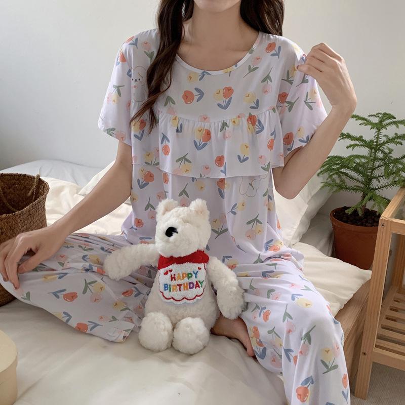 Ms. Yan Guiliang, Piżama bawełniano-jedwabna zapobiegająca wstrząsom, Spodnie z krótkim rękawem, Luźna i urocza odzież domowa, Nieprzezroczysta i może być noszona na zewnątrz