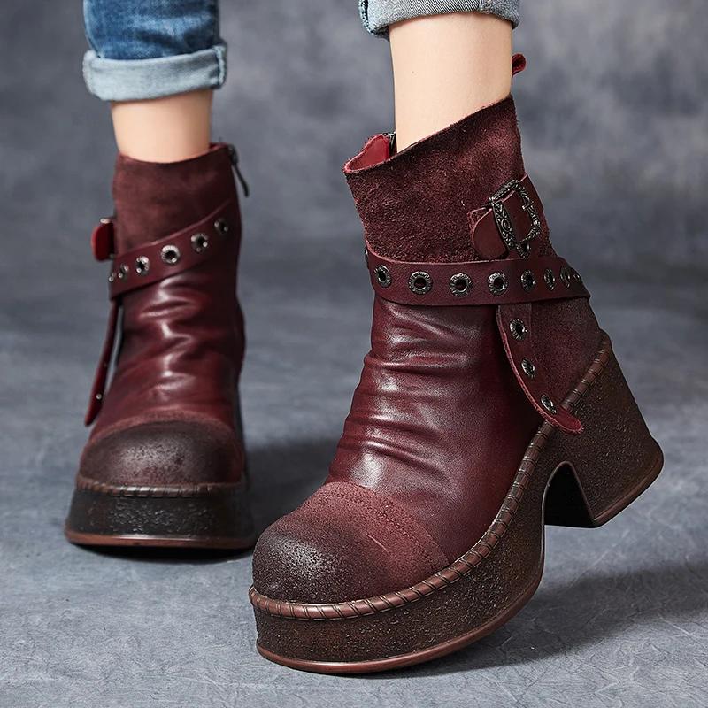 Women Motorcycle Boots Genuine Leather  New Zip Round Toe Women Shoes Sewing Handmade Retro Ankle Platform Boots