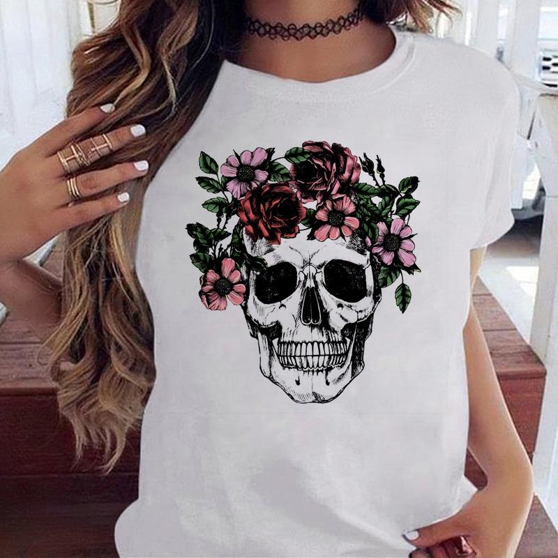 Fashion Skull Flower Print Women T Shirt Summer Casual Short Sleeve O Neck Women Tshirt
