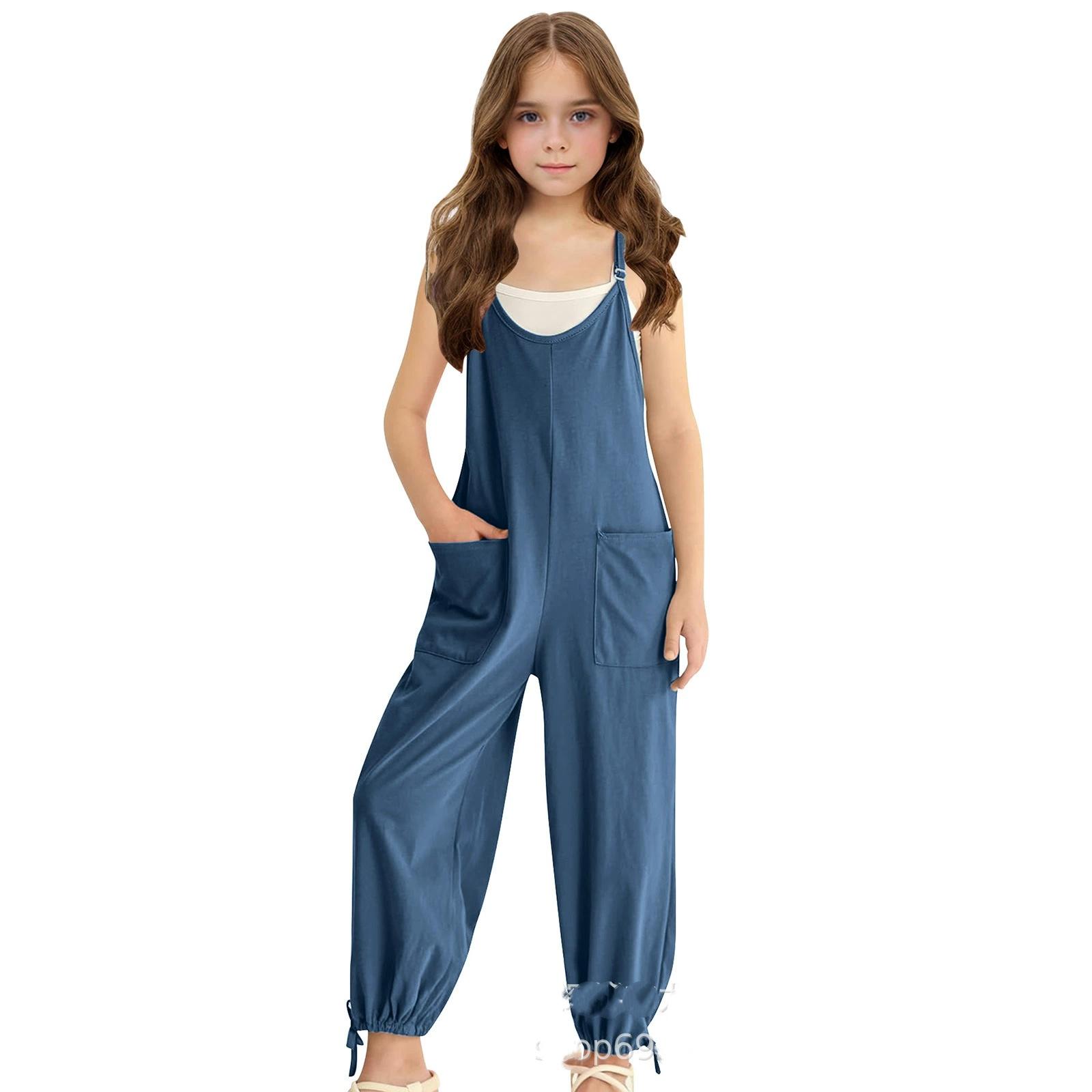

Girls Middle and Big Kids Fashion Solid Color Casual Suspender Pants Pocket Drawstring Back Pants 160cm синій