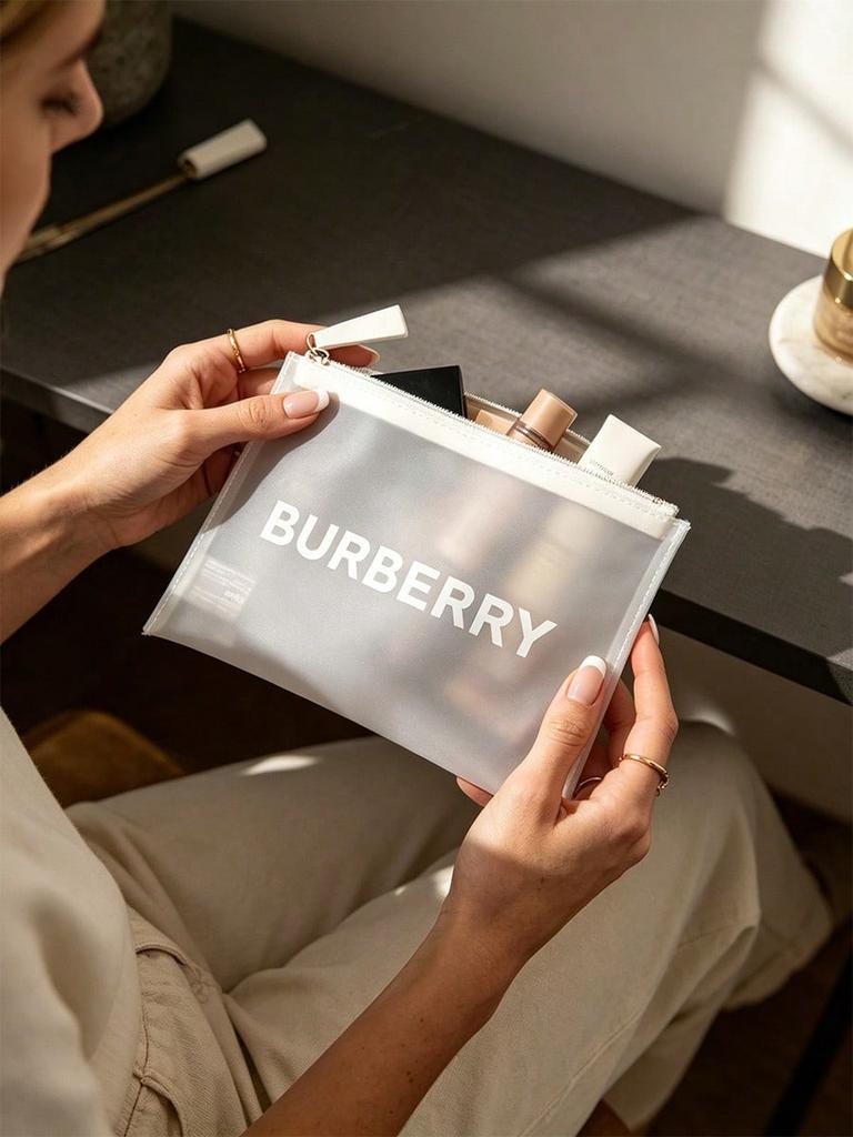 Burberry Frosted Clear PVC Makeup Bag Printed Logo Portable Zipper Cosmetic Pouch for Women Travel Daily Storage