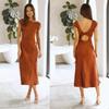 2026 Summer Womens Sexy Dress Elegant Solid Satin Swinging Neck Short Sleeve Dress Back Twisted Hollow Mid Length Dresses 28311