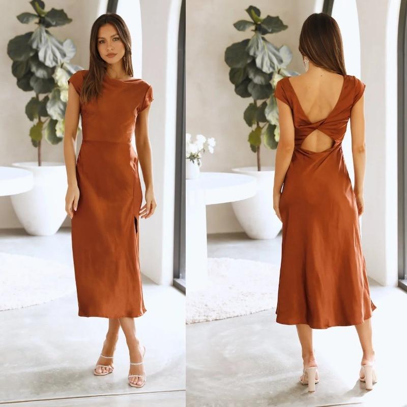 2026 Summer Womens Sexy Dress Elegant Solid Satin Swinging Neck Short Sleeve Dress Back Twisted Hollow Mid Length Dresses 28311