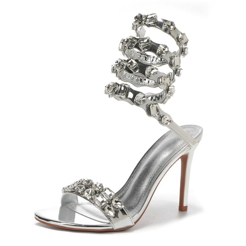 Fashion Star style Luxury Crystal Embellished Wraparound Women Sandals Stiletto High heels Gladiator Sandals Summer Wedding Prom Shoes