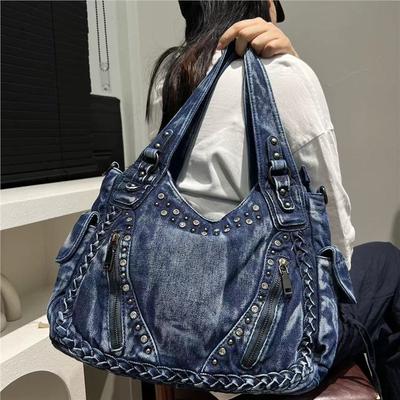 Women'S Diamond-Encrusted Washed Denim Shoulder Bag Large-Capacity Multi-Zipper Japanese And Korean Trendy Handbag