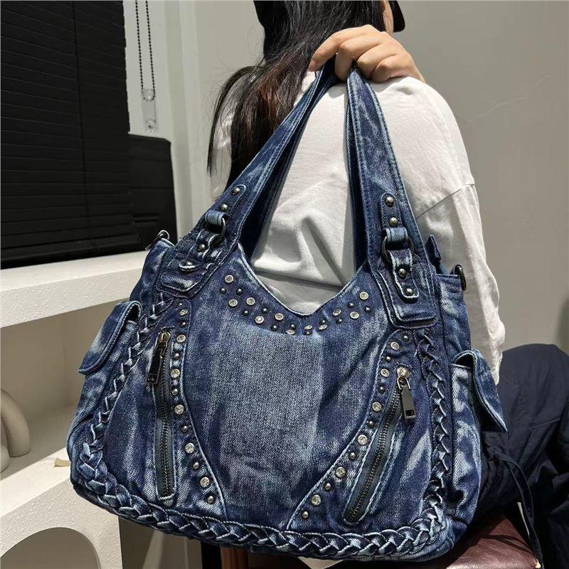 Women'S Diamond-Encrusted Washed Denim Shoulder Bag Large-Capacity Multi-Zipper Japanese And Korean Trendy Handbag