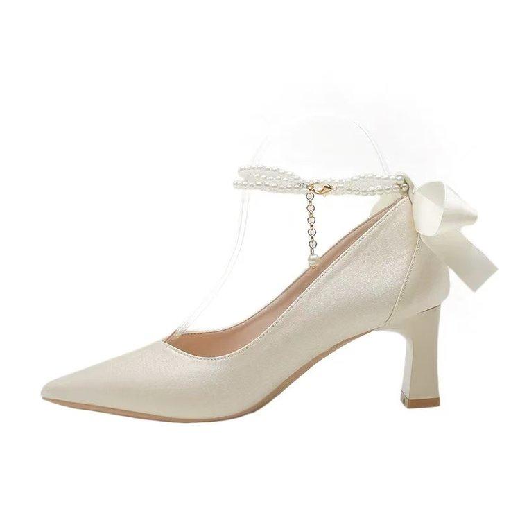 Fashion Square Heel Single Shoes Summer New Pointed Toe Shallow Mouth Beaded Bow Non-Slip Wear-Resistant High Heels