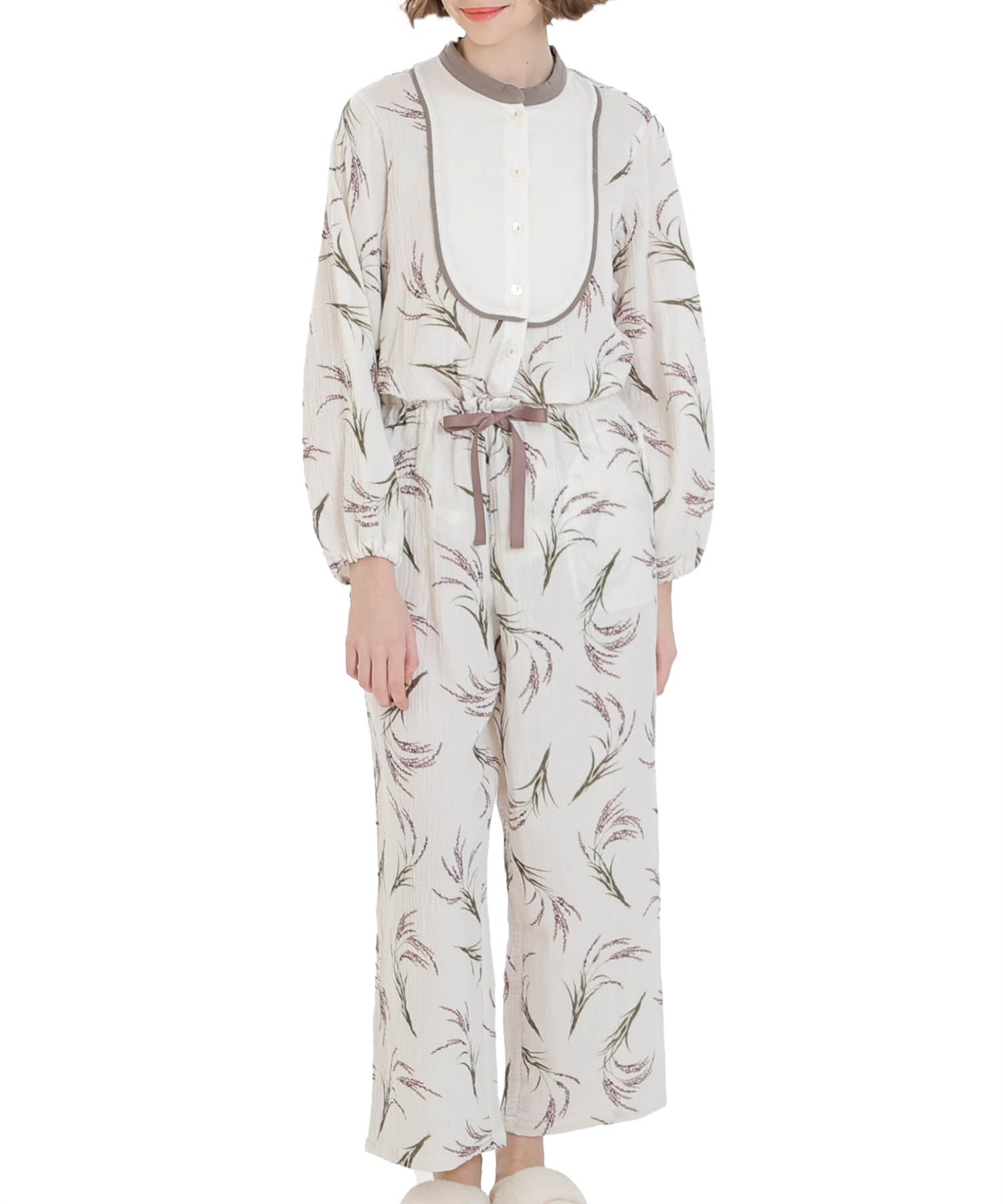 

Narue Pajama Cream Puff Gauze with Harvest Stand Collar Women s Set, (R)
